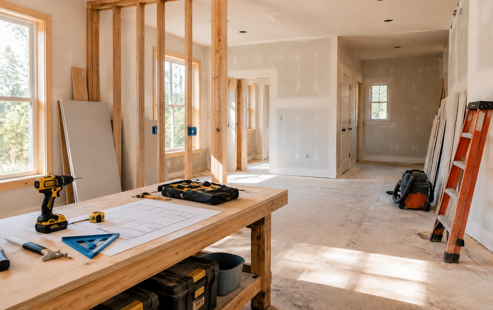 A home renovation in progress with fresh wood framing, drywall and tools laid out on a workbench